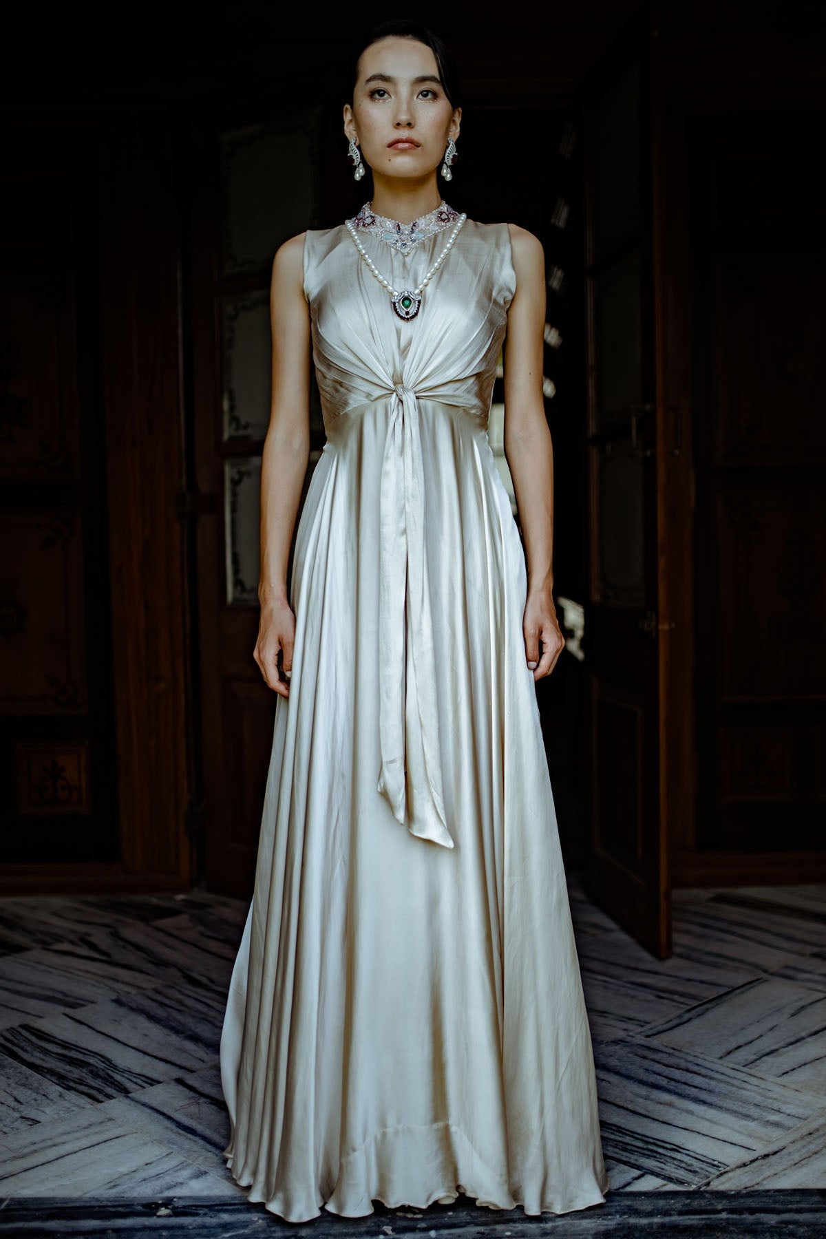 Pavone White Front Knot High Neck Gown for women online at ScrollnShops